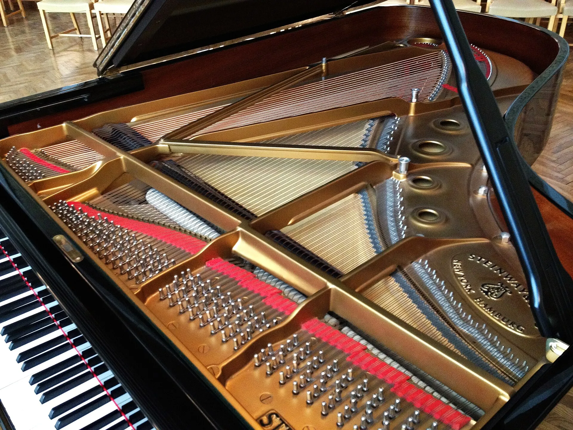 Inside a grand piano: gold plate, strings and tuning pins